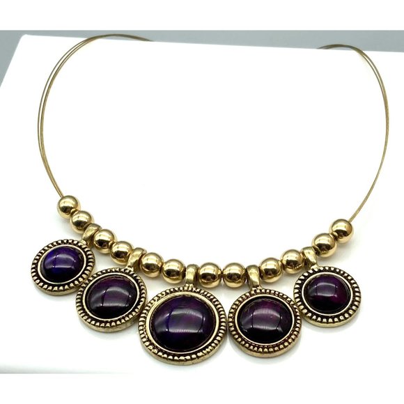 Elegant Purple and Gold Bib Necklace, Vintage Bold Bib on Triple Strand Wires - Picture 2 of 4